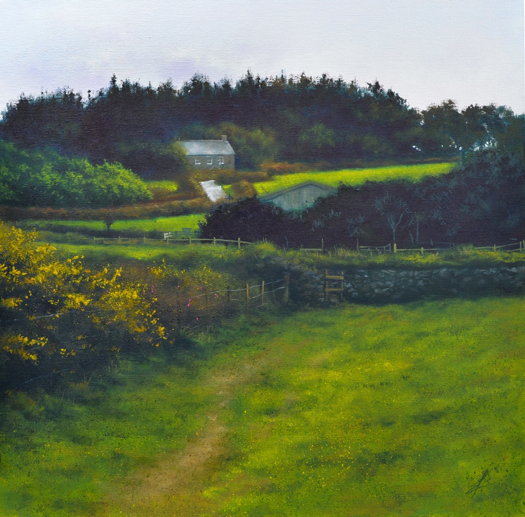 Painting of track up a hill to Smuggler's Cottage Tresco