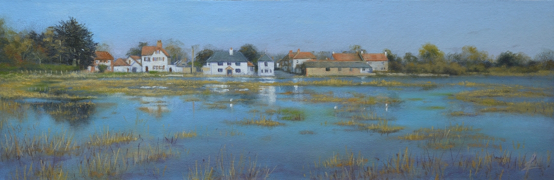 Oil painting by artist Ja Edwards: Mill Lane, Sidlesham Quay, Sussex