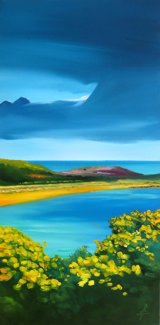 Oil painting of the gorse on St Martin's, Isles of Scilly, by Ja Edwards